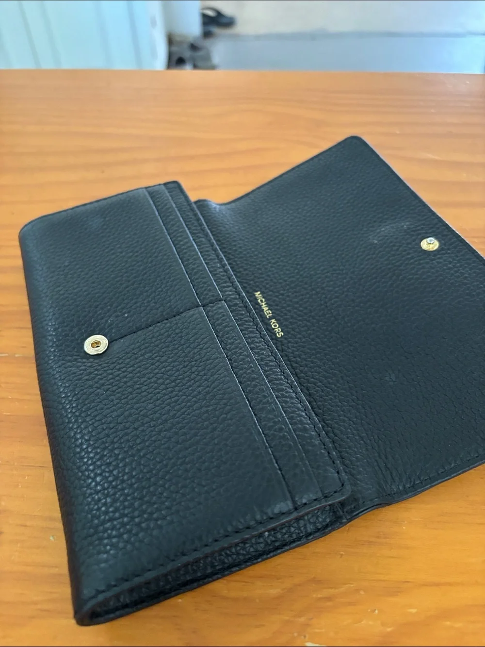 Michael Kors Black Pebbled Leather Logo Continental Wallet with Gold Hardware
